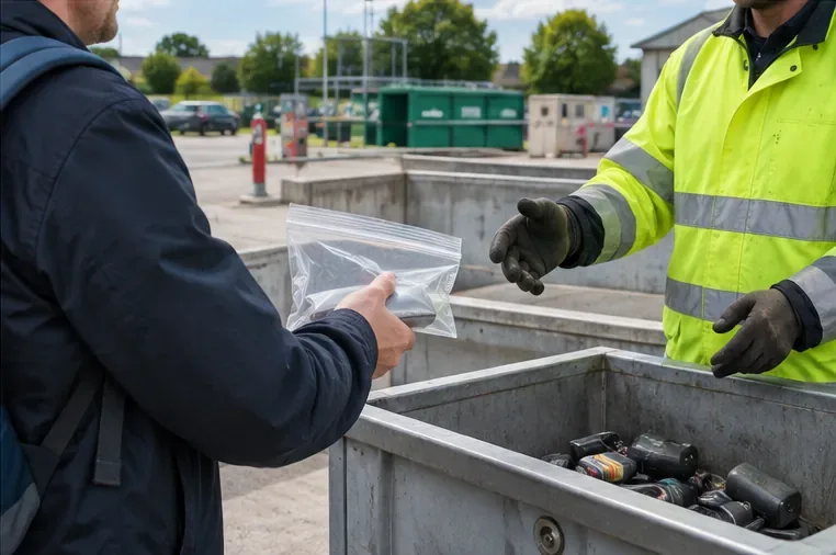 Usager remettant un sachet contenant une batterie externe à un agent en gilet haute visibilité dans une déchèterie