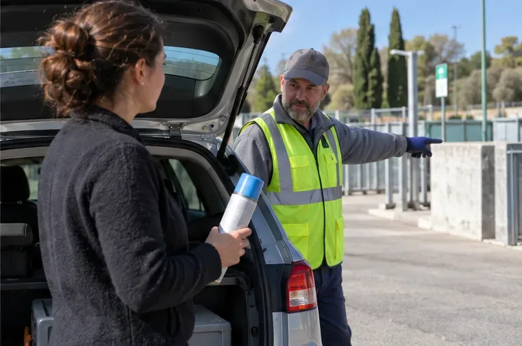 Une personne tient une bombe aérosol intacte près du coffre ouvert tandis qu’un agent indique une zone de dépôt