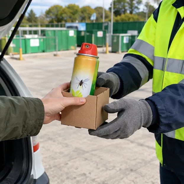 Un aérosol de répulsif encore rempli est présenté dans un support en carton à un agent d’un point de collecte