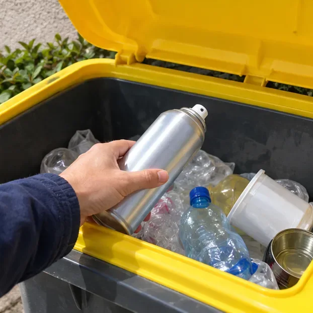 Un aérosol métallique intact apparaît parmi les emballages dans un bac à couvercle jaune