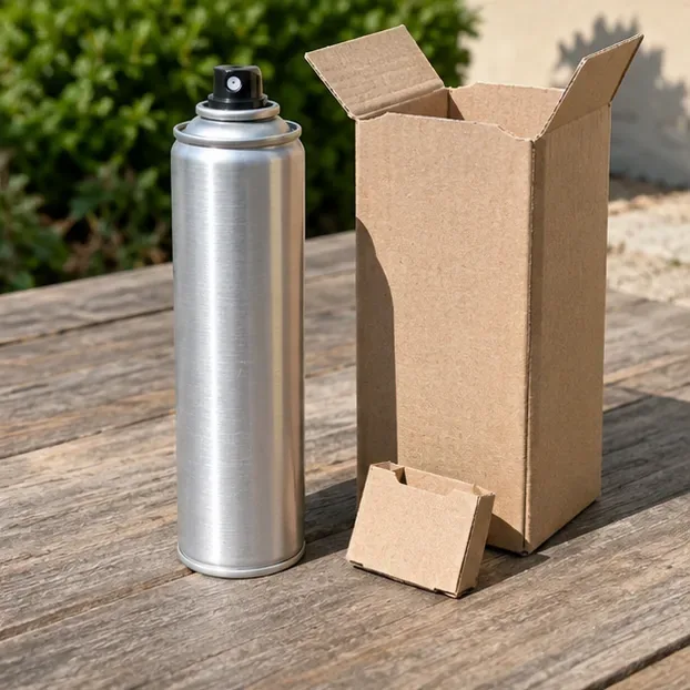 Un aérosol métallique intact et un emballage en carton séparé, prêts à être triés une fois le produit terminé