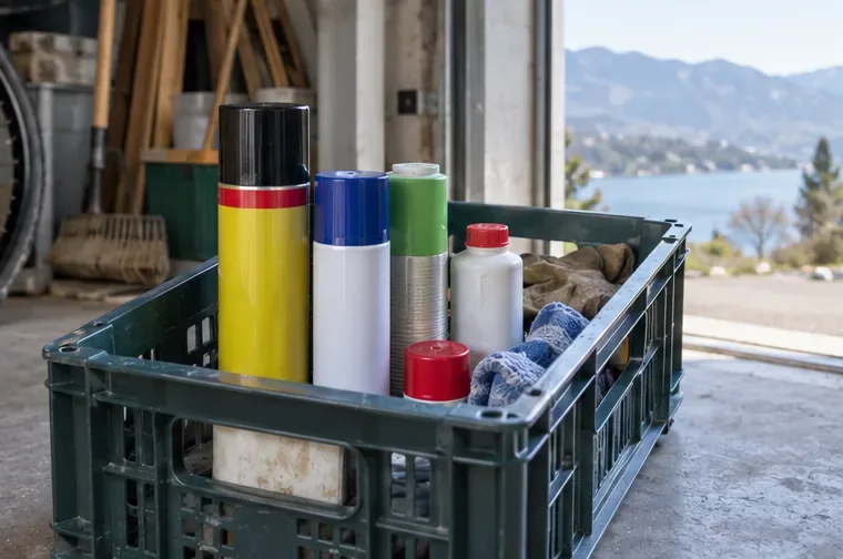 Une caisse contient des bombes aérosol et un produit ménager à apporter en déchèterie