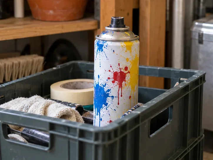 Une bombe de peinture aérosol intacte est posée debout dans une caisse de rangement, à l’écart des emballages courants.