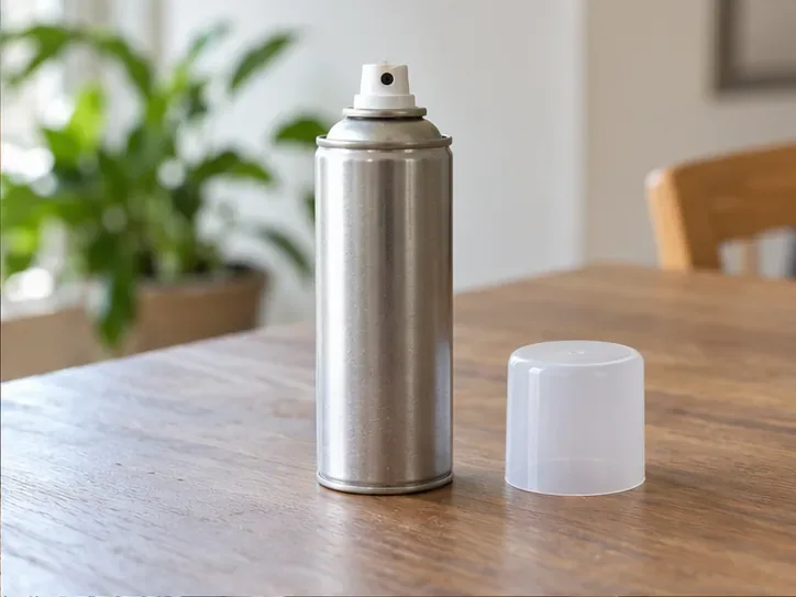 Une bombe aérosol vide et son capuchon reposent séparément sur une table, sans sac ni autre emballage.