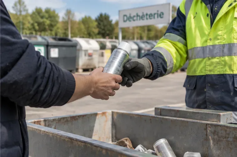 Un usager remet une bombe aérosol à un agent en tenue haute visibilité dans une déchèterie.