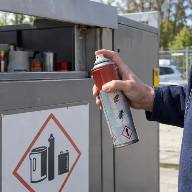 Bombe aérosol contenant encore un produit présentée devant un point de dépôt pour déchets dangereux en déchèterie