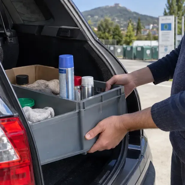 Caisse rigide contenant des bombes aérosol transportées debout dans le coffre d’une voiture vers une déchèterie