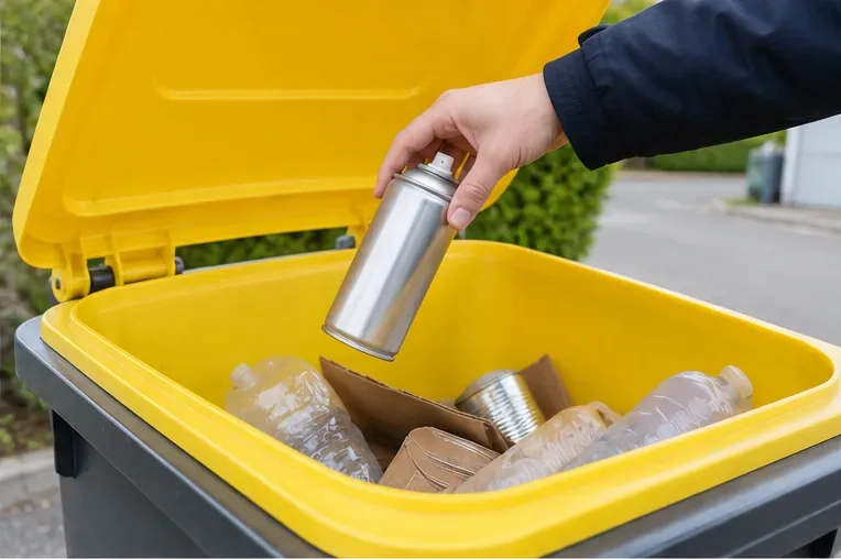 Une main dépose une bombe aérosol métallique vide dans un bac de tri jaune avec d’autres emballages recyclables