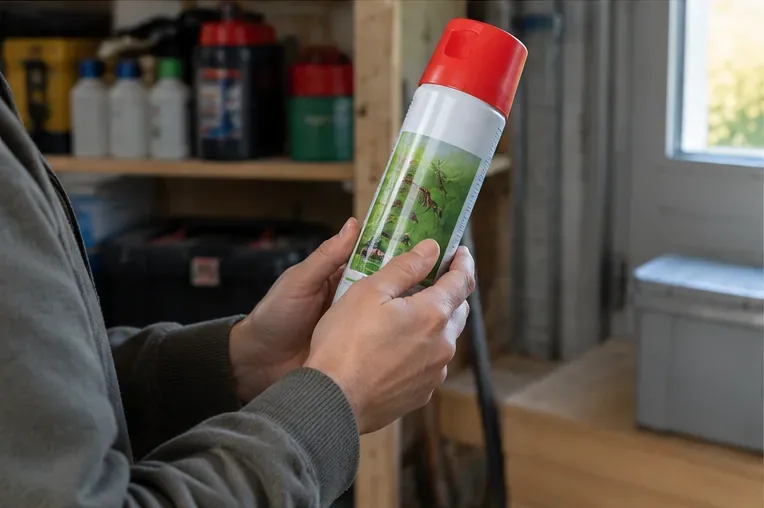 Une personne tient une bombe insecticide avec un capuchon rouge et vérifie le produit avant de choisir une filière de déchets dangereux