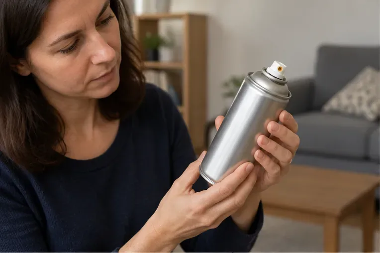 Une personne examine une bombe aérosol métallique à la maison pour vérifier son type et son état avant de la jeter