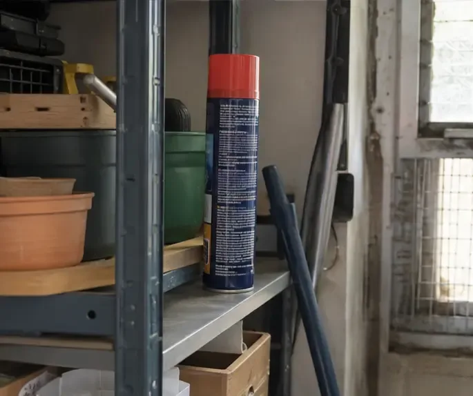 Une bombe aérosol contenant encore du produit, conservée debout sur une étagère dans un local ventilé