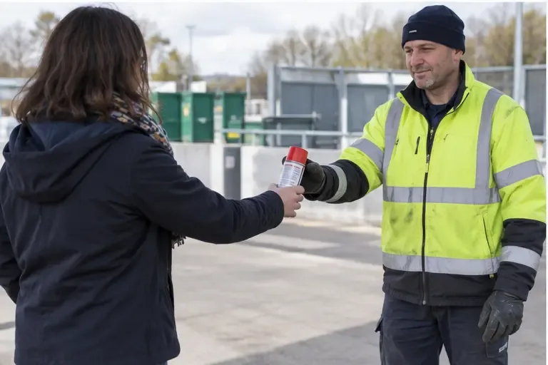 Une habitante remet une bombe aérosol à un agent d’accueil portant un gilet haute visibilité
