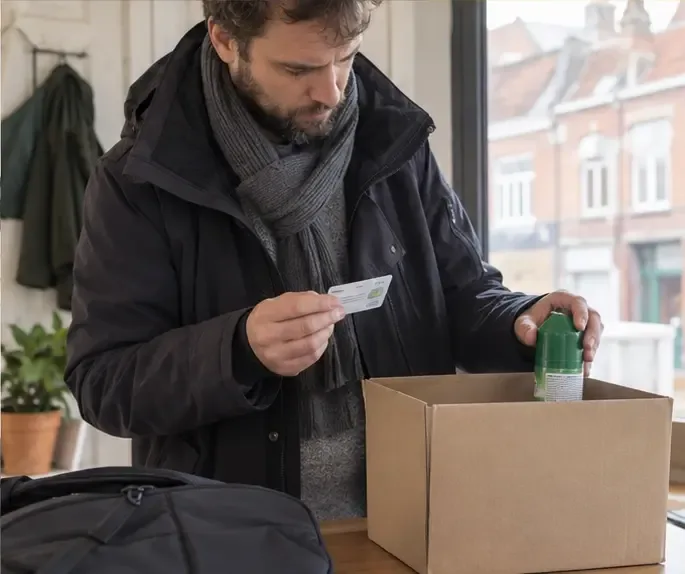 Une personne prépare une boîte stable et une carte d’accès avant de déposer un aérosol en déchèterie