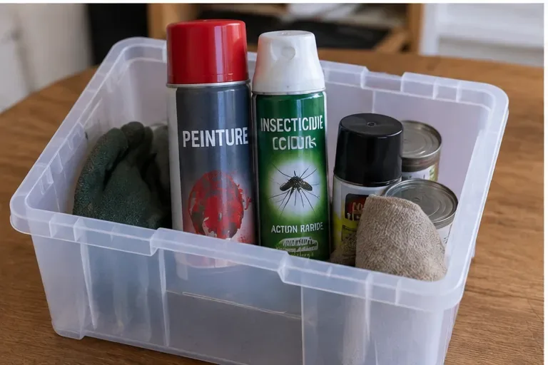 Des bombes de peinture et d’insecticide sont placées debout dans un bac de transport avant un dépôt en déchèterie.