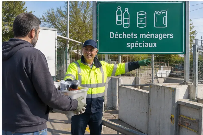 Un usager remet des aérosols à un agent devant la zone signalée pour les déchets ménagers spéciaux en déchèterie.