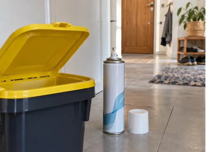 Une bombe aérosol courante avec son capuchon posé à côté d’un bac jaune ouvert, pour illustrer le tri d’un emballage métallique vide.