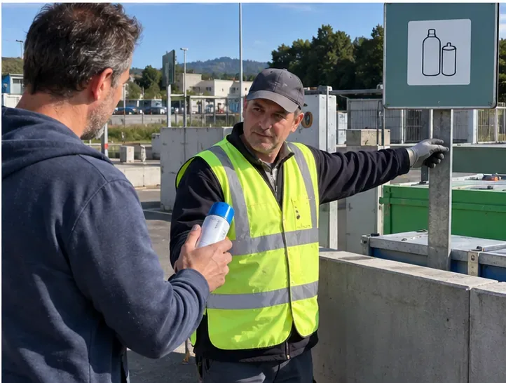 Un habitant remet directement un aérosol fermé à un agent en gilet fluorescent dans un centre de collecte, qui lui indique la zone de dépôt adaptée.