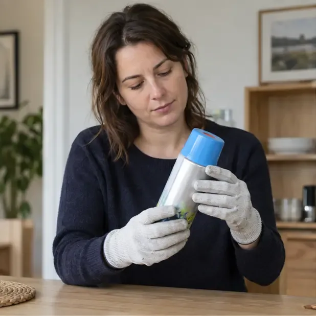 Une personne portant des gants examine une bombe aérosol intacte avec son capuchon