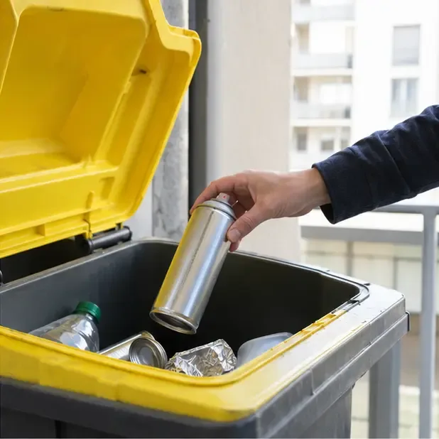 Une main dépose une bombe aérosol vide dans un bac jaune contenant des emballages métalliques
