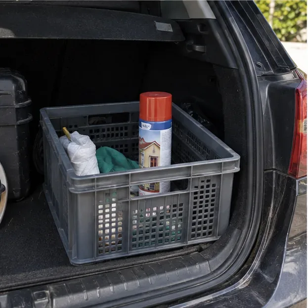 Une bombe aérosol est maintenue verticalement dans une caisse placée dans le coffre d’une voiture pour le transport.