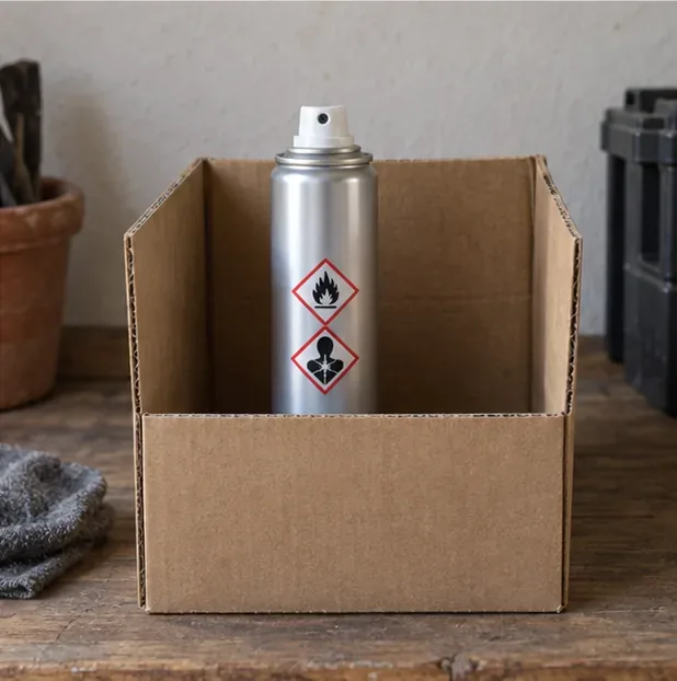 Une bombe aérosol portant des pictogrammes de danger reste debout dans une boîte en carton