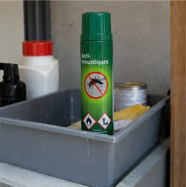 Une bombe anti-moustiques est conservée debout à part avec d’autres produits ménagers avant son dépôt dans une filière de déchets dangereux.