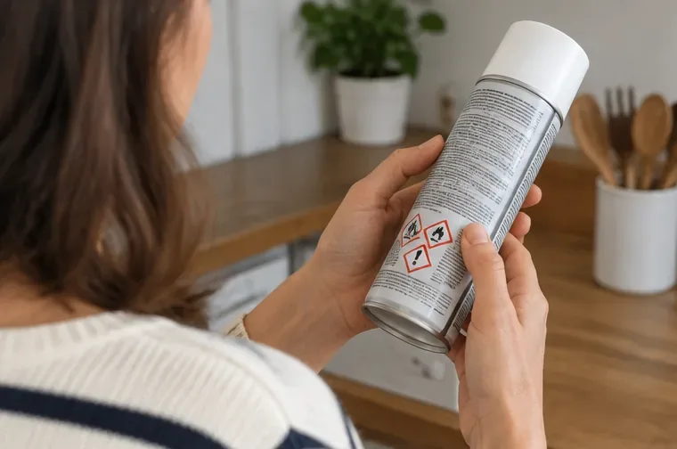 Une personne examine l’étiquette et les pictogrammes de danger sur une bombe aérosol intacte dans une cuisine