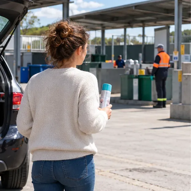 Une habitante apporte une bombe aérosol intacte à une déchèterie municipale.