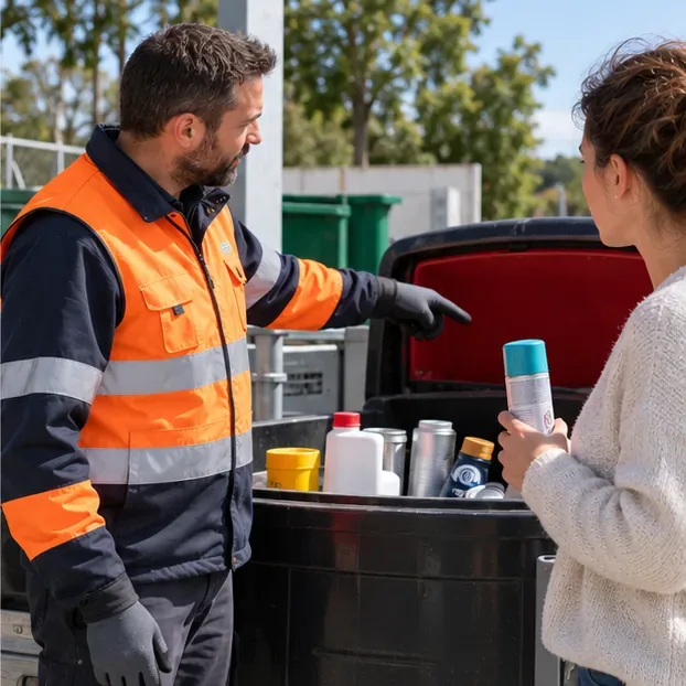 Un agent montre à une habitante le conteneur prévu pour les déchets chimiques ménagers.