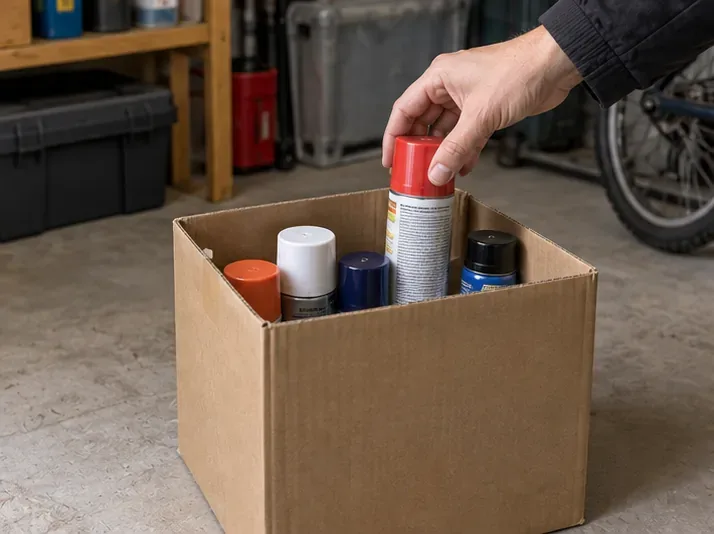 Plusieurs bombes aérosol sont rangées debout dans une boîte en carton avant leur transport vers une collecte spécialisée