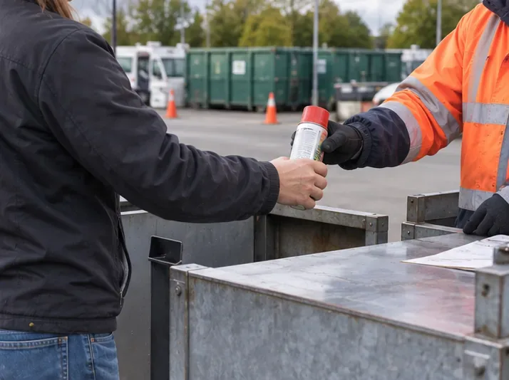 Une personne remet une bombe aérosol à un agent en tenue haute visibilité sur un site de collecte de déchets