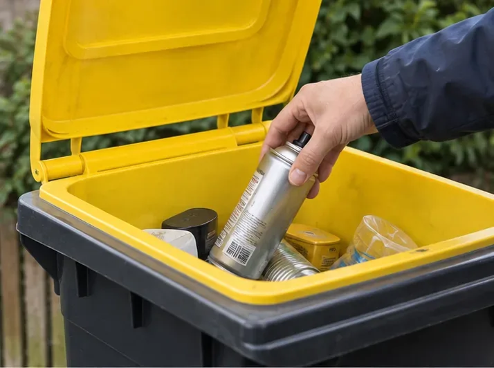 Une main dépose une bombe aérosol vide parmi des emballages métalliques et plastiques dans un bac de tri à couvercle jaune