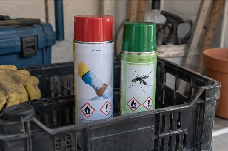 Deux bombes aérosol de bricolage et d’insecticide avec pictogrammes de danger rangées debout dans une caisse