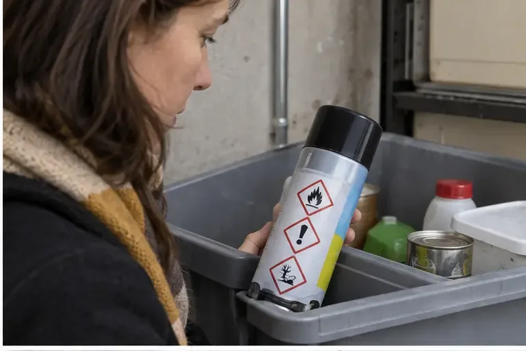Personne lisant les pictogrammes de danger sur une bombe aérosol placée dans un bac stable