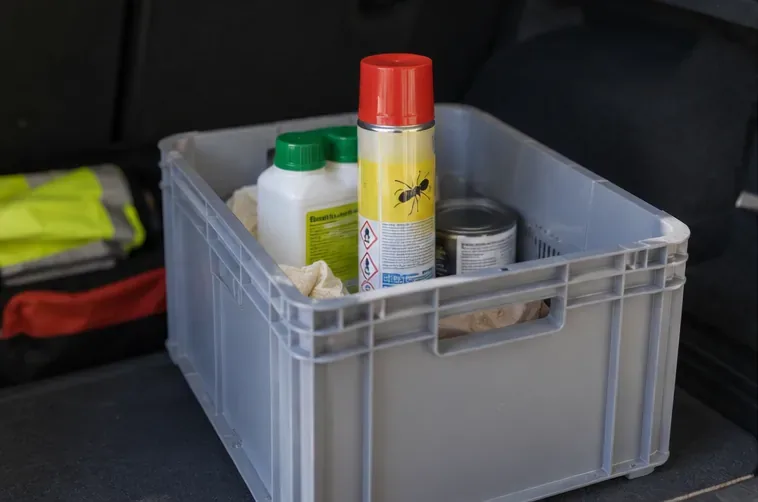 Des produits ménagers et une bombe aérosol sont placés debout dans une caisse rigide pour un transport prudent vers une déchèterie.