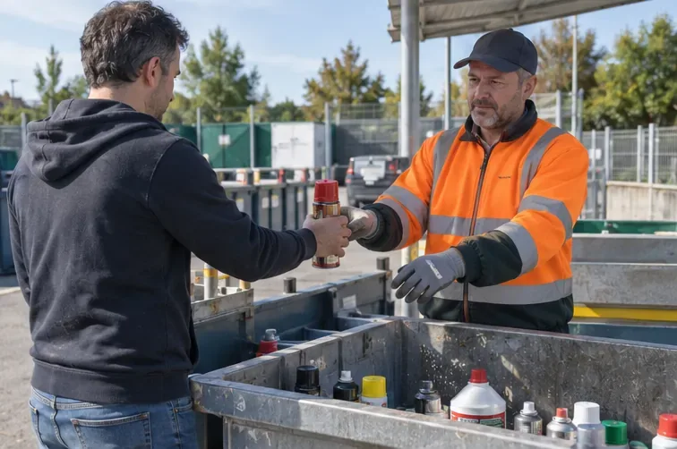 Un particulier remet une bombe aérosol à un agent dans une zone de collecte de déchets ménagers dangereux en déchèterie.
