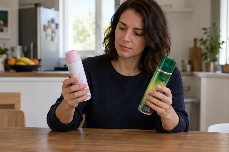 Une femme compare un aérosol cosmétique rose et un aérosol vert à motif de moustique dans une cuisine