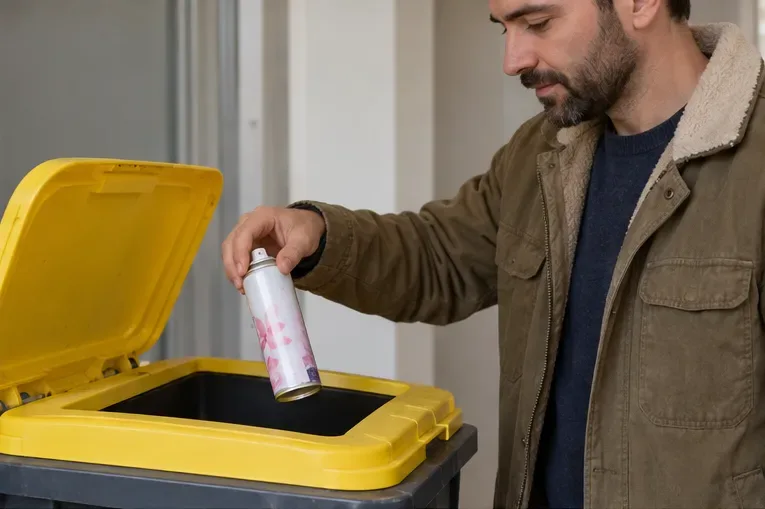 Un homme tient un aérosol cosmétique blanc au-dessus d’un bac à couvercle jaune ouvert