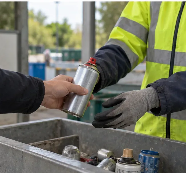 Un agent en tenue haute visibilité reçoit une bombe aérosol des mains d’un usager dans un centre de recyclage.