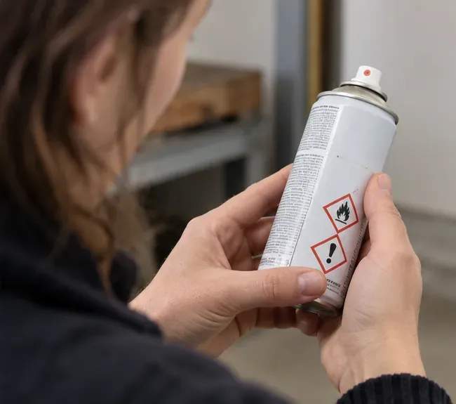 Une personne examine l’étiquette d’une bombe aérosol portant des pictogrammes de danger.