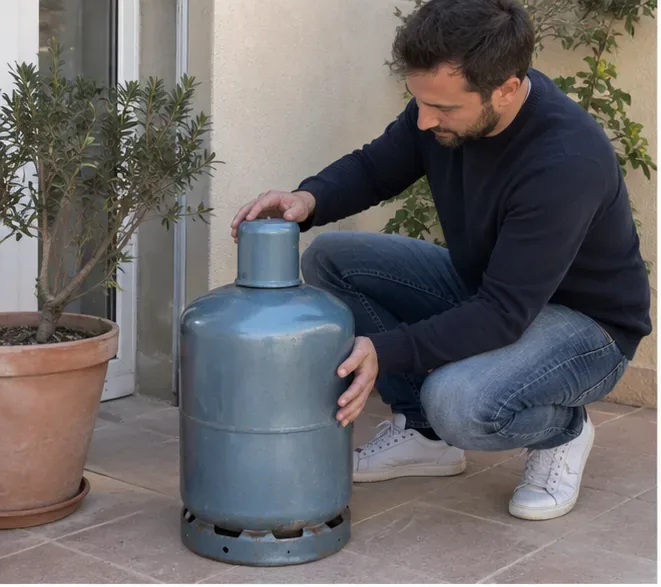 Un particulier examine une bouteille de gaz métallique posée debout avant de rechercher sa marque et son point de reprise.