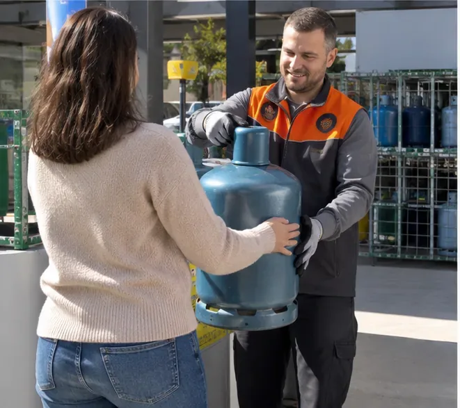 Un employé d’un point de vente reçoit une bouteille de gaz d’une cliente devant des racks de bouteilles stockées à l’extérieur.