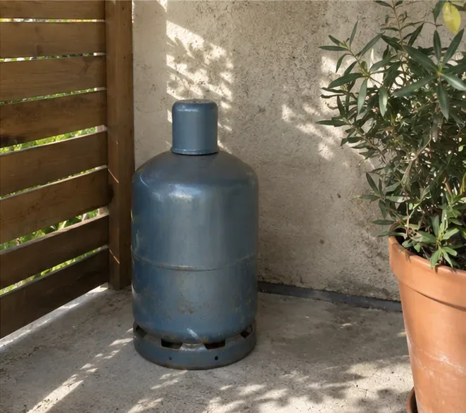 Une bouteille de gaz fermée et posée verticalement dans un espace extérieur ombragé et ventilé, en attente de restitution.