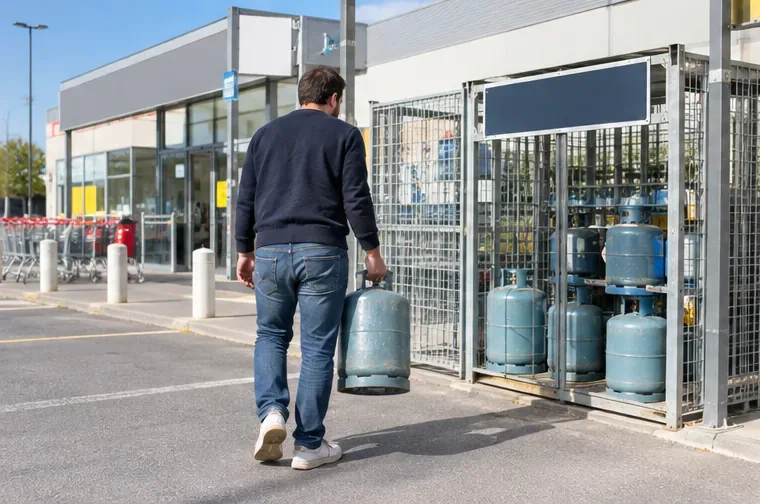 Un particulier apporte une bouteille de gaz vers la zone de retour sécurisée d’un magasin