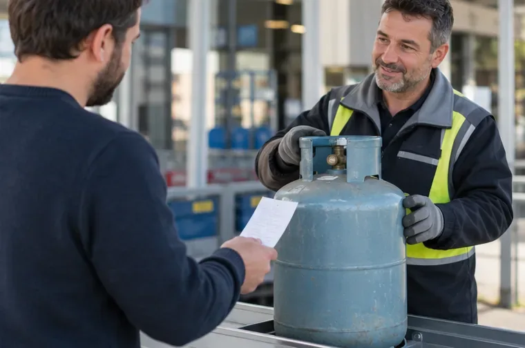Un employé de point de vente reçoit une bouteille de gaz et un document de restitution remis par un client