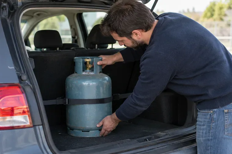 Une bouteille de gaz est immobilisée avec une sangle dans le coffre d’une voiture avant son transport