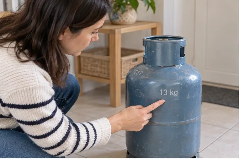 Une personne examine une bouteille de gaz de 13 kg afin d'identifier ses marquages avant de chercher le réseau de reprise correspondant