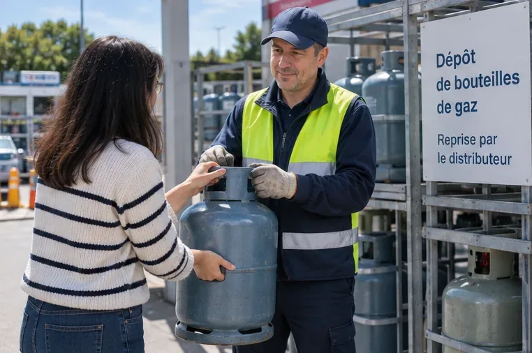 Une cliente remet une bouteille de gaz à un employé devant un espace de stockage réservé aux bouteilles reprises par le distributeur