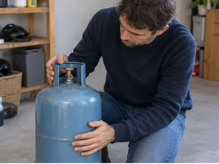 Un particulier examine une bouteille de gaz métallique usagée avant de chercher une solution de reprise