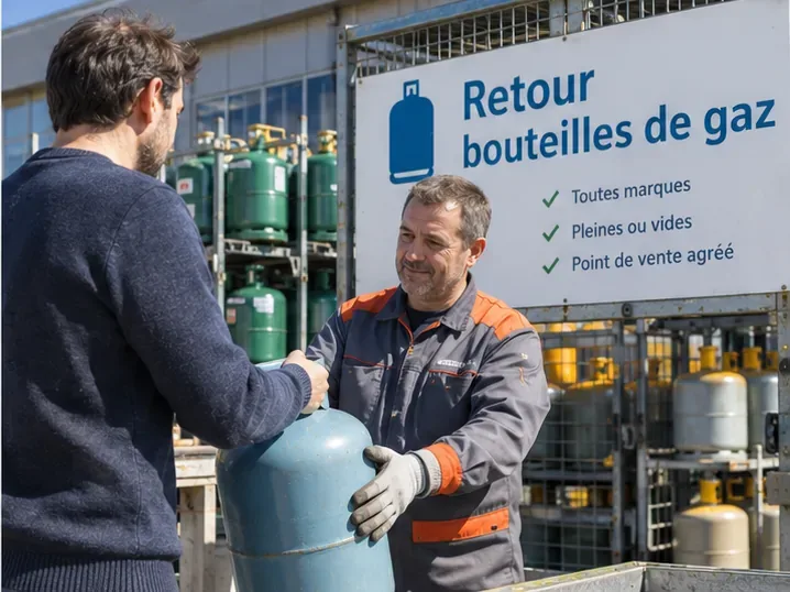 Un particulier remet une bouteille de gaz à un employé dans une zone de retour de bouteilles